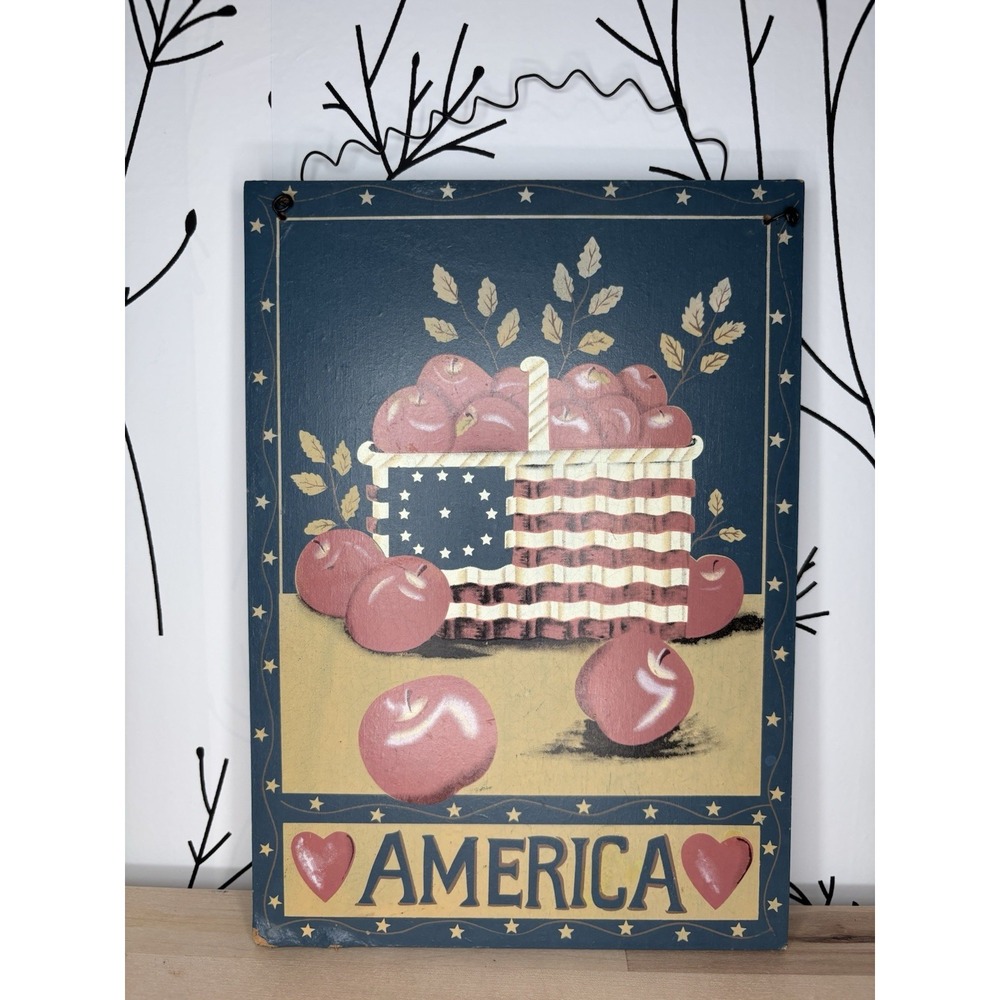 Patriotic Americana Apples Decorative Wooden Hanging Sign